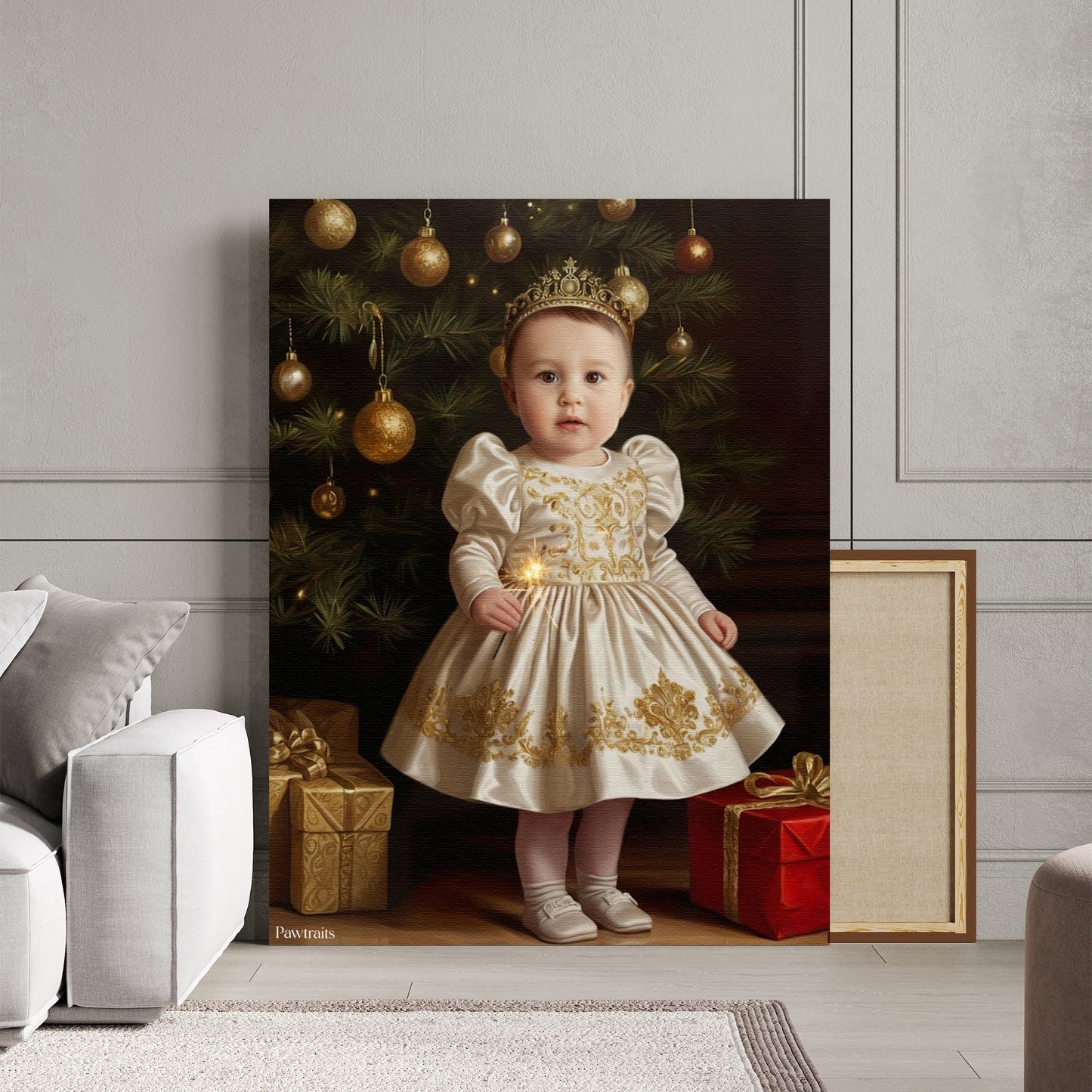 Christmas Princess in Gold – Персонализиран детски новогодишен портрет на канвас