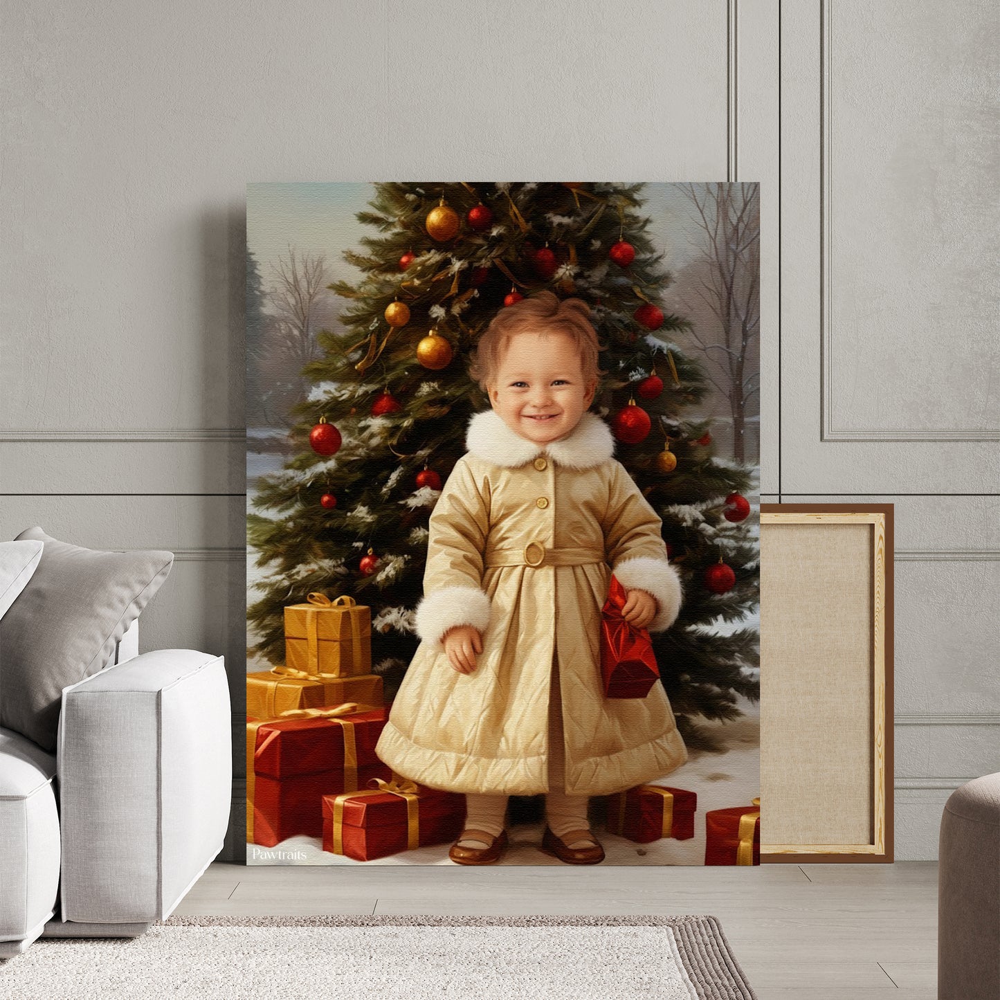 Golden Winter Coat – Персонализиран детски новогодишен портрет на канвас
