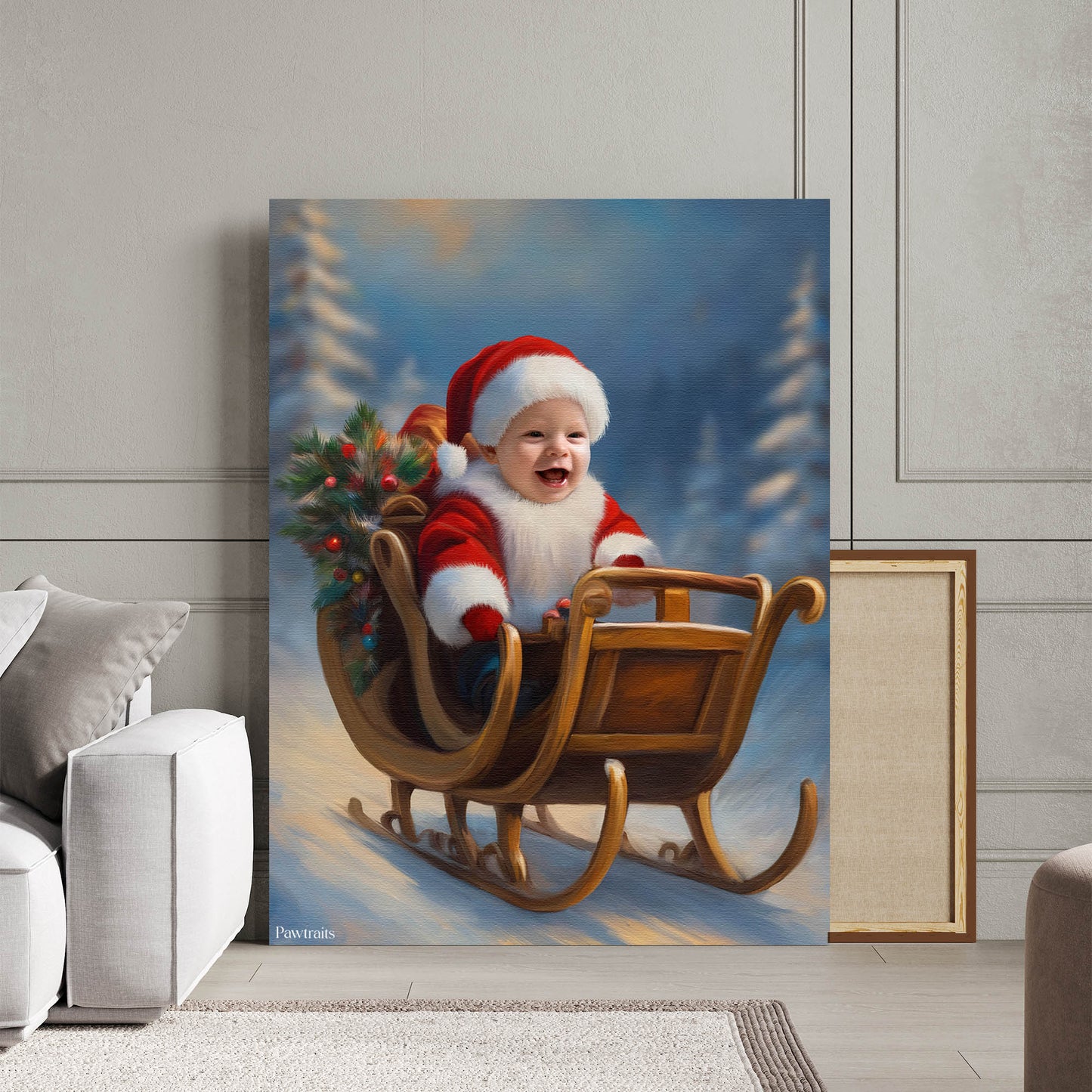 Joyful Sleigh Ride – Персонализиран детски новогодишен портрет на канвас