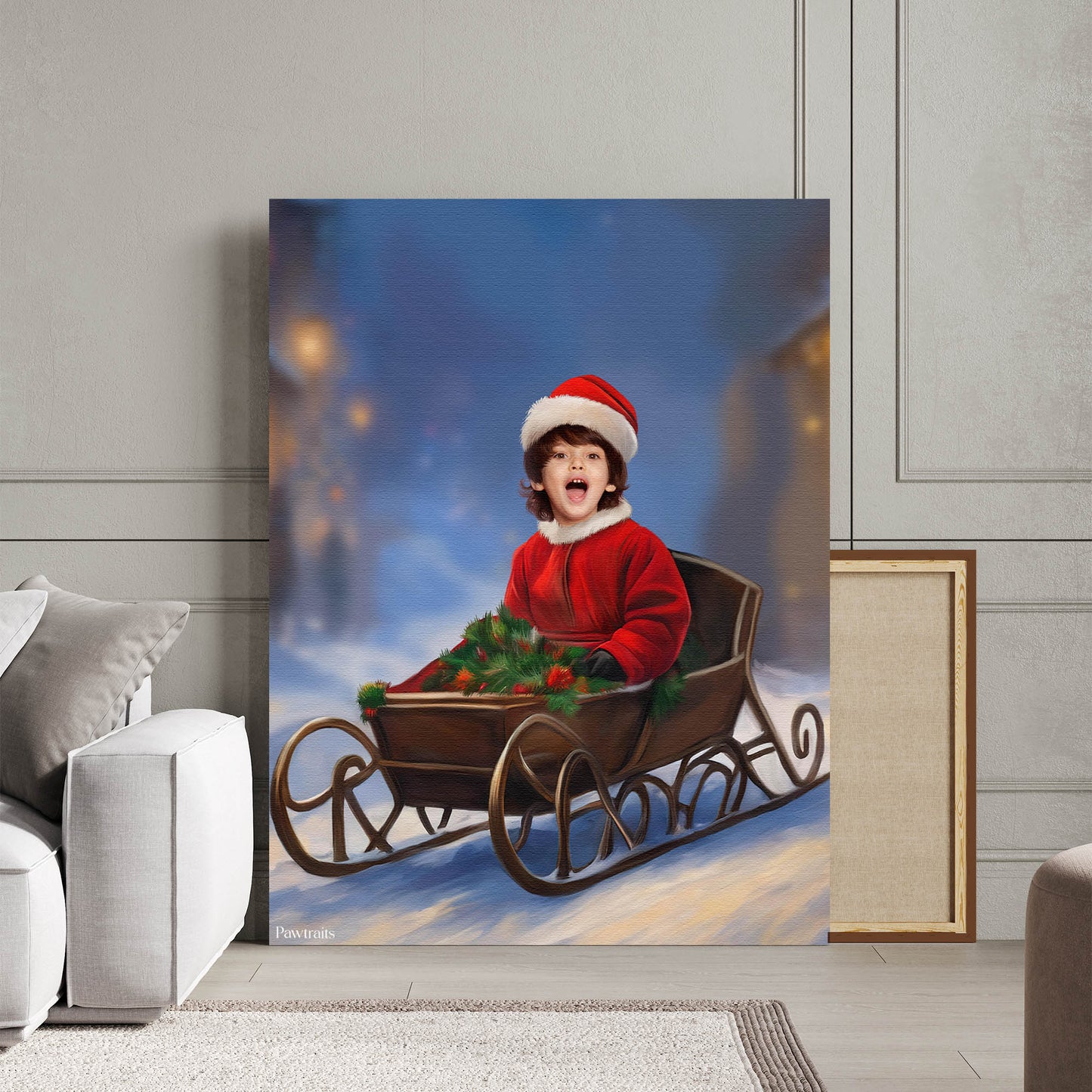 Winter Sleigh Adventure – Персонализиран детски новогодишен портрет на канвас