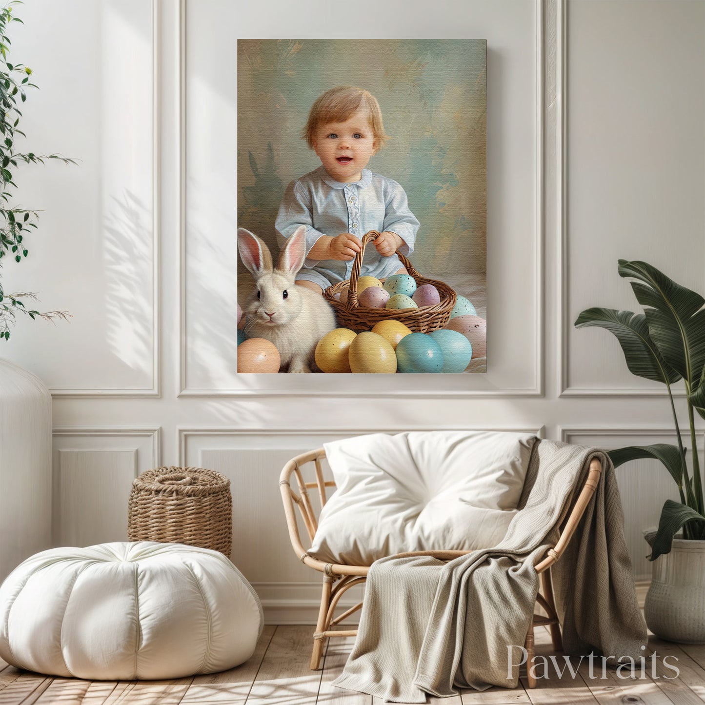 Easter Bunny Basket – Персонализиран детски портрет на платно