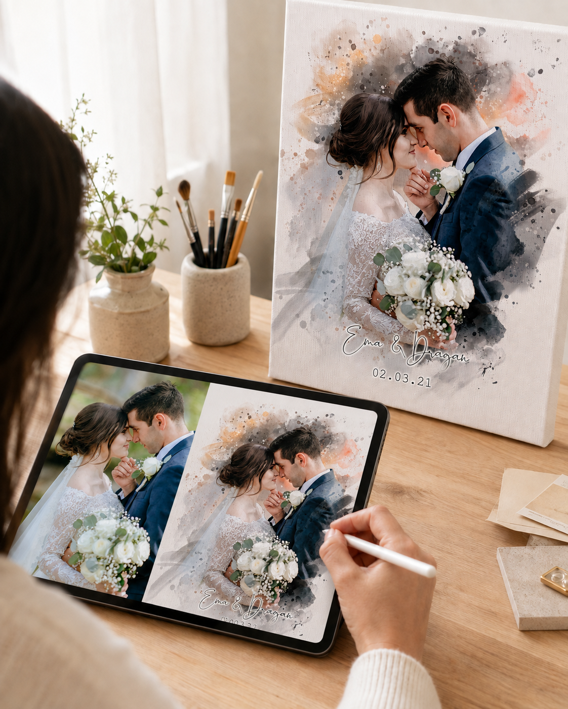 Свадбен Акварел – Персонализиран портрет на канвас