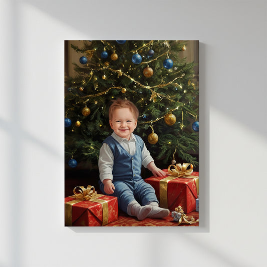 Blue & Gold Holiday Prince – Персонализиран детски новогодишен портрет на канвас