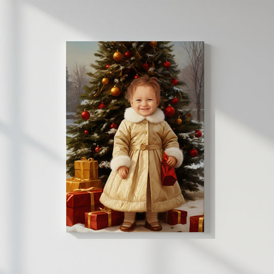 Golden Winter Coat – Персонализиран детски новогодишен портрет на канвас