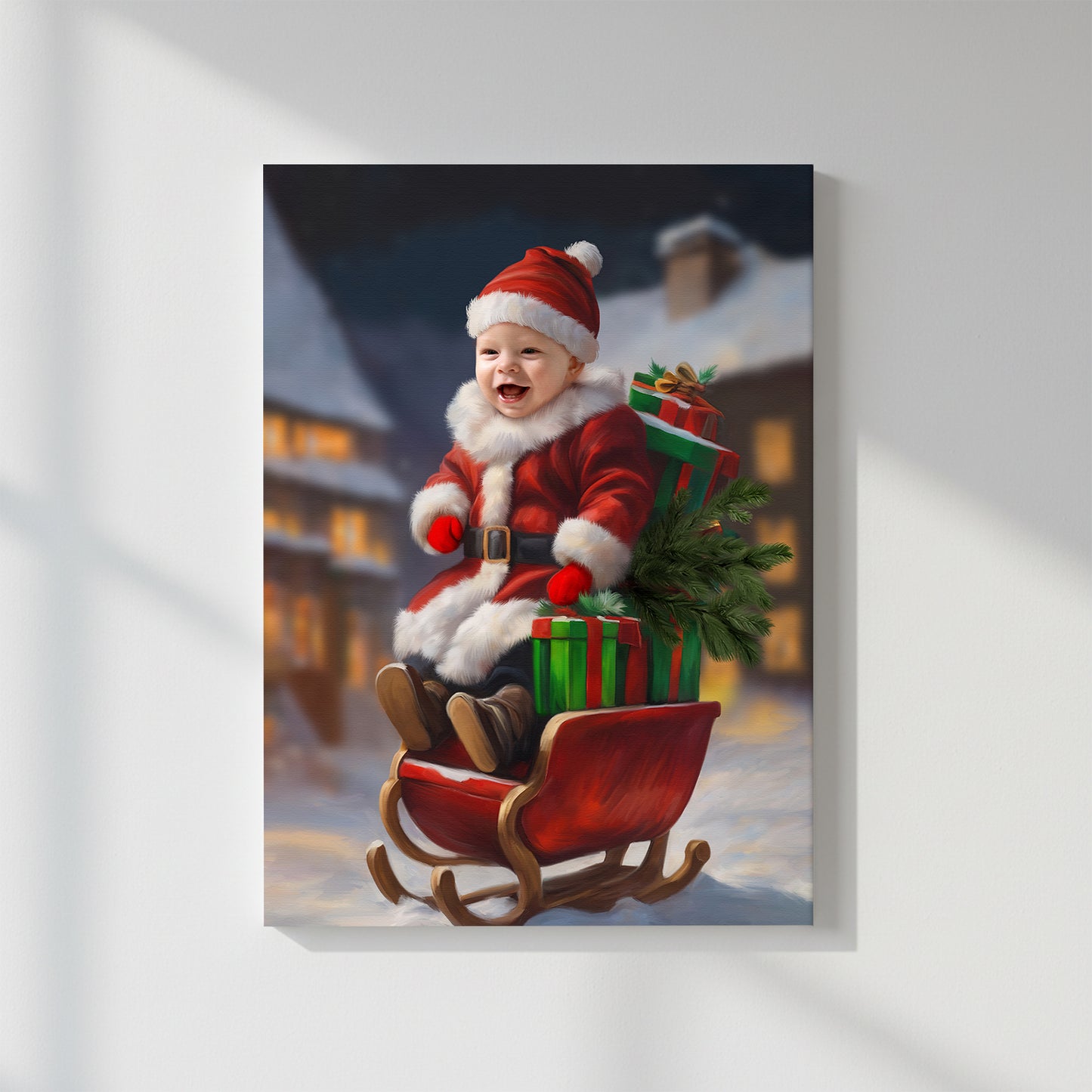 Happy Baby Santa Ride – Персонализиран детски новогодишен портрет на канвас