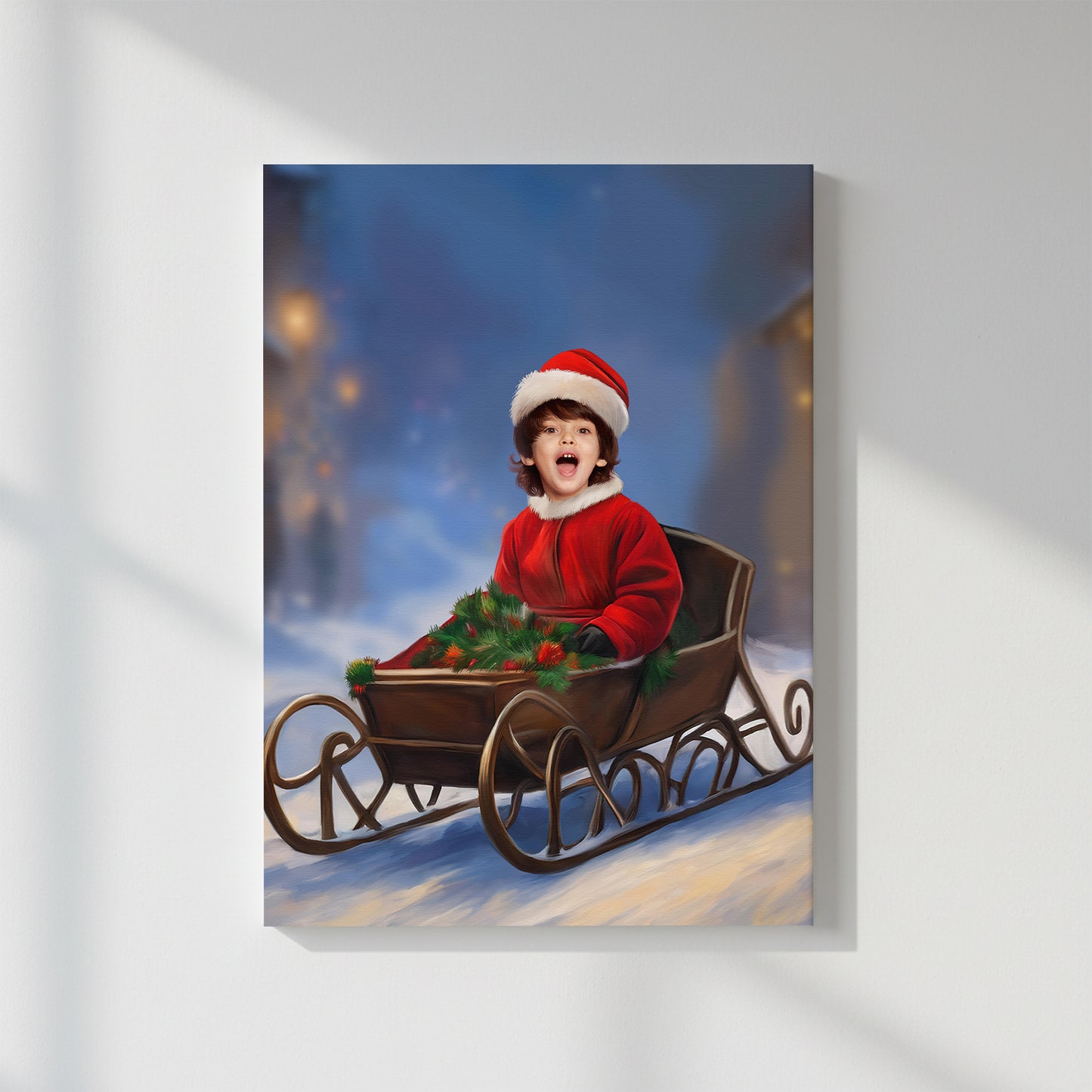 Winter Sleigh Adventure – Персонализиран детски новогодишен портрет на канвас