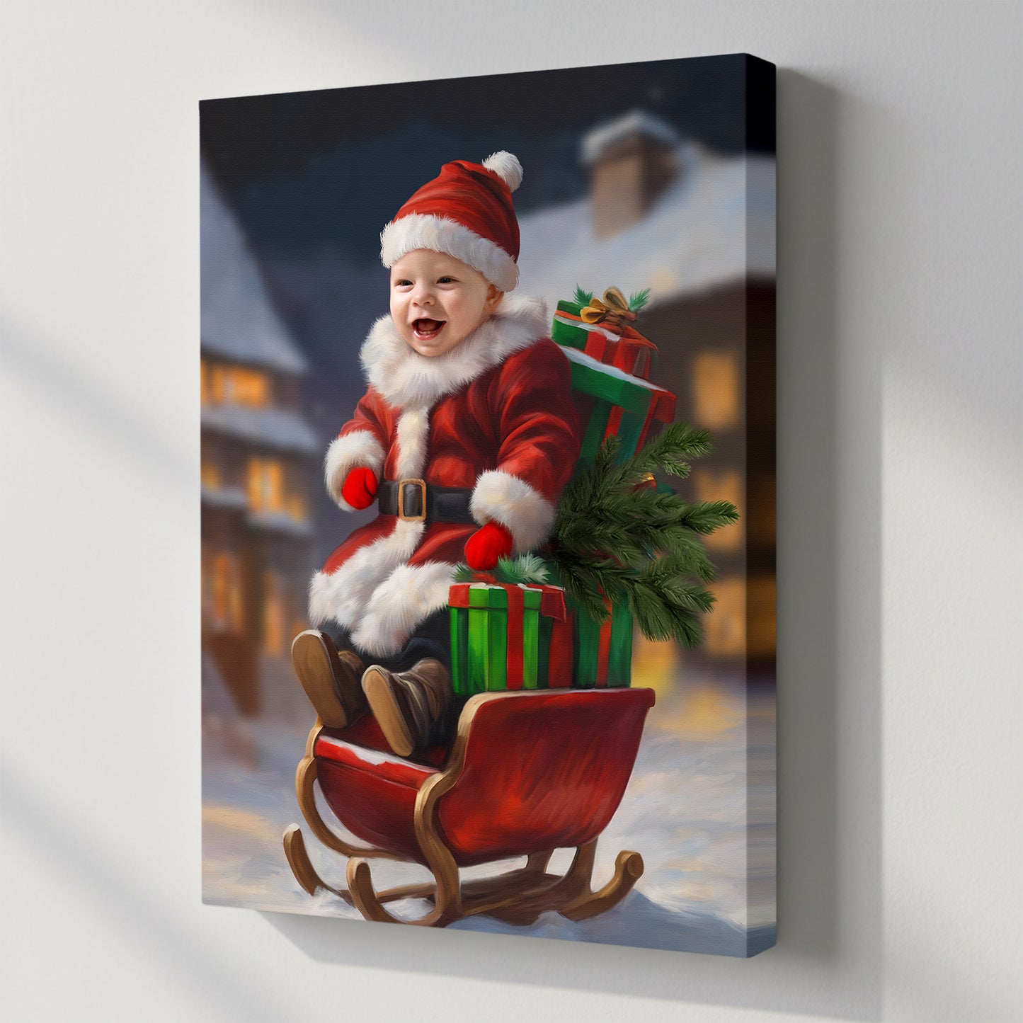 Happy Baby Santa Ride – Персонализиран детски новогодишен портрет на канвас