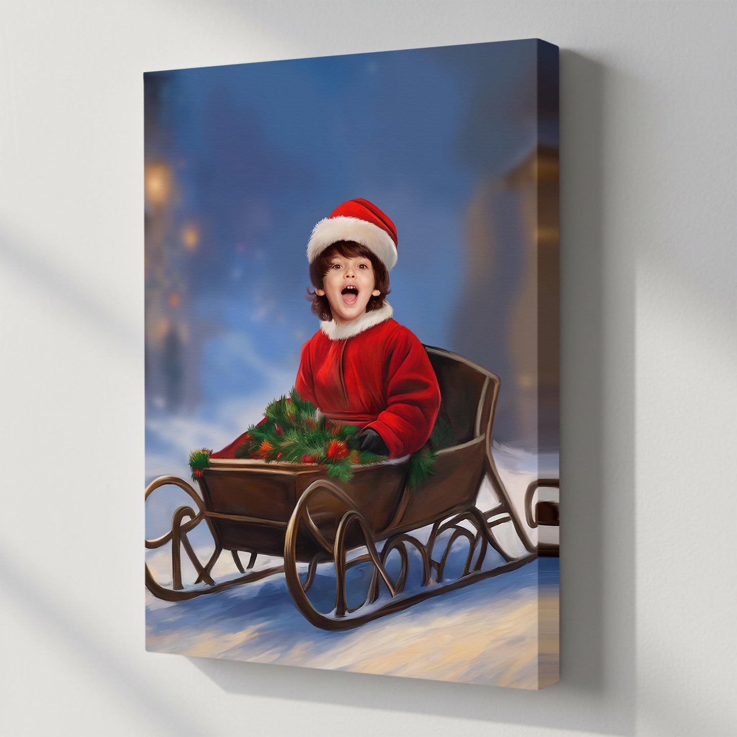 Winter Sleigh Adventure – Персонализиран детски новогодишен портрет на канвас