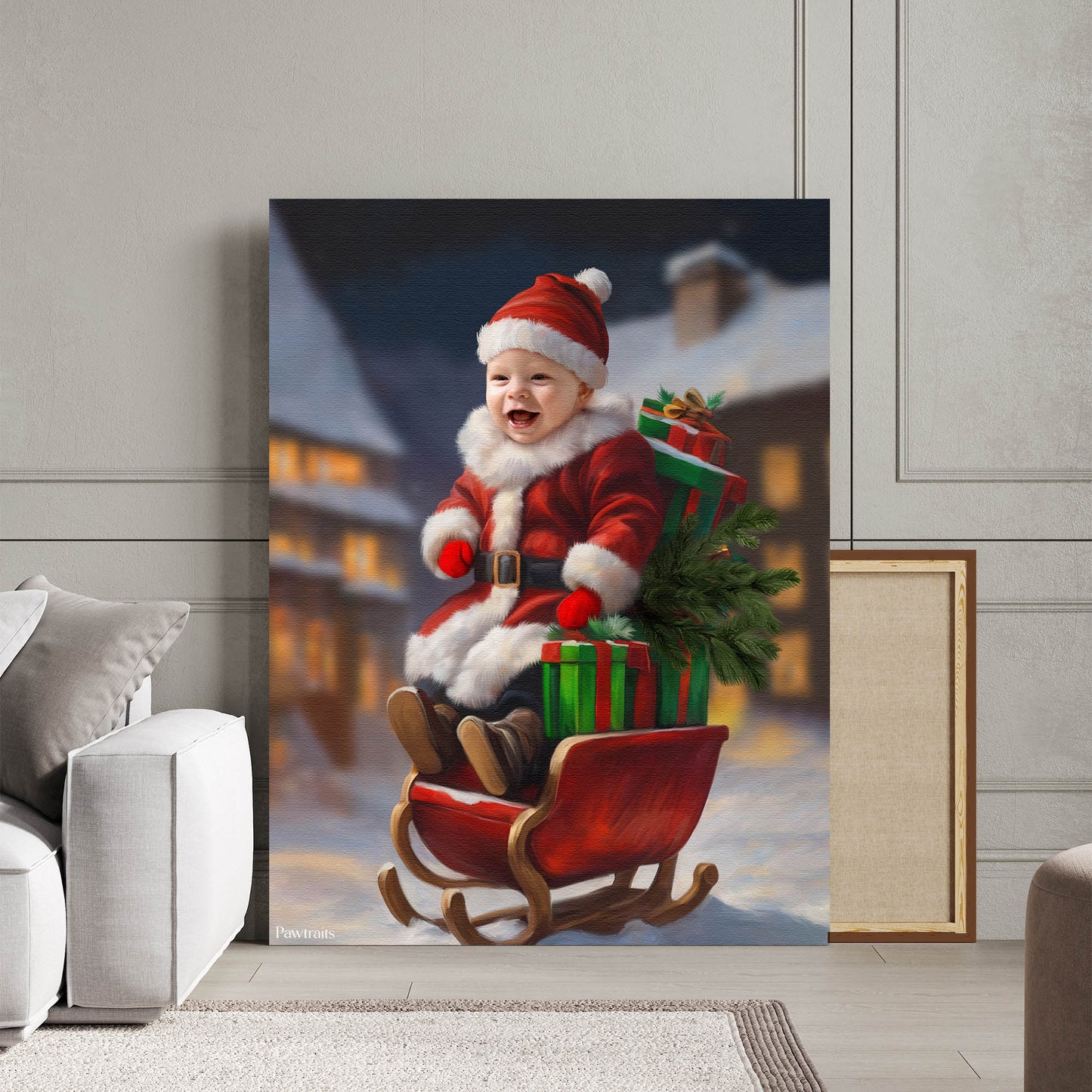 Happy Baby Santa Ride – Персонализиран детски новогодишен портрет на канвас